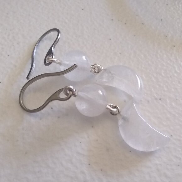 Bold & Modern Style! Genuine Crystal Quartz Moon Statement Dangle Earrings - Picture 7 of 8
